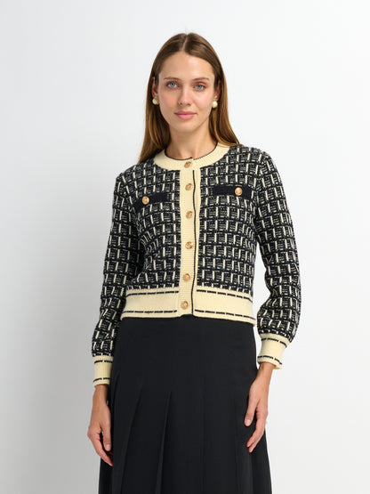 Gold Button Down Plaid Cardigan - Black/Cream