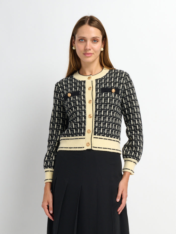 Gold Button Down Plaid Cardigan - Black/Cream