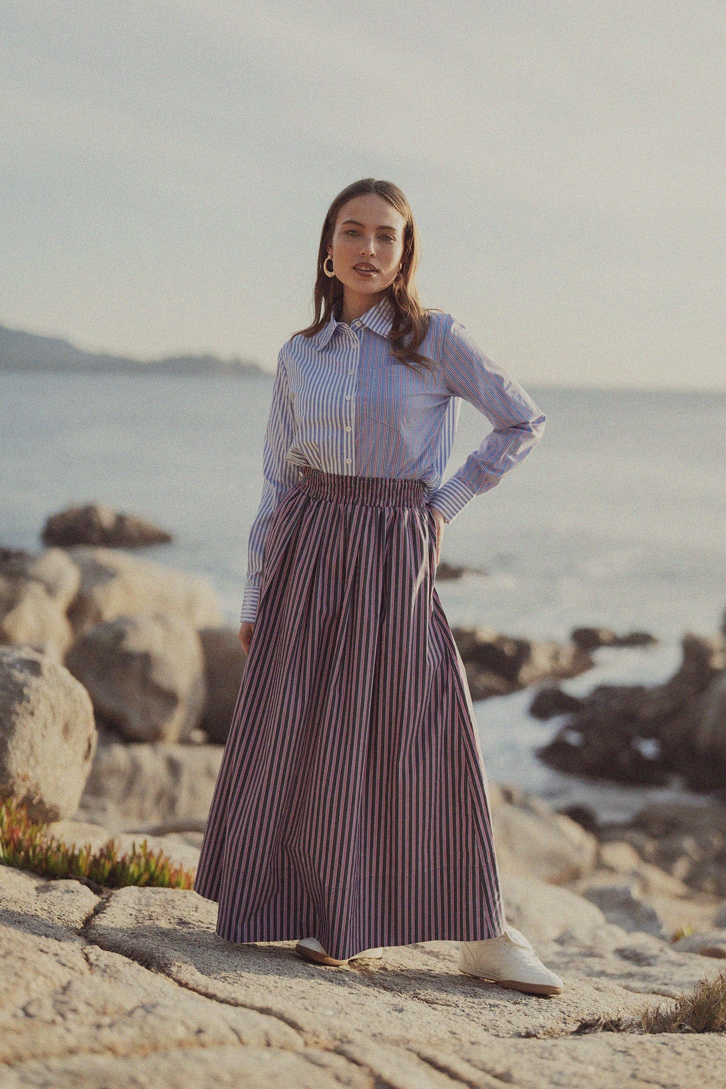 Striped Gathered Waist Skirt-Pink Stripe