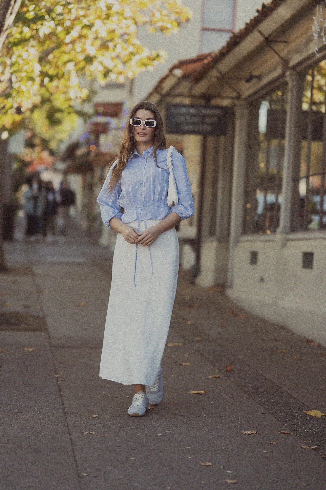 Button Down Peplum Blouse-Light Blue Pinstripe