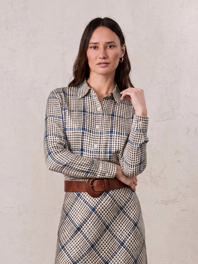 Button Down Faux Satin Blouse-Brown Houndstooth