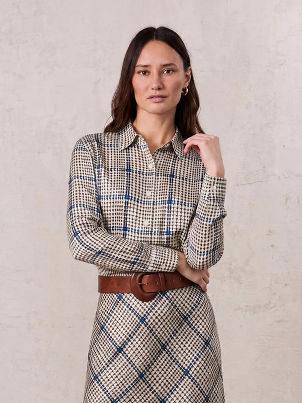 Button Down Faux Satin Blouse-Brown Houndstooth