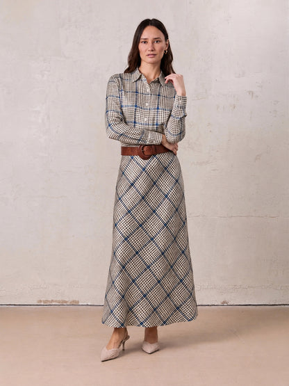Print Slip Skirt-Brown Houndstooth