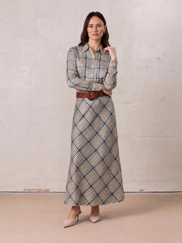 Print Slip Skirt-Brown Houndstooth