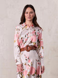 Button Down Faux Satin Blouse-Peach Floral
