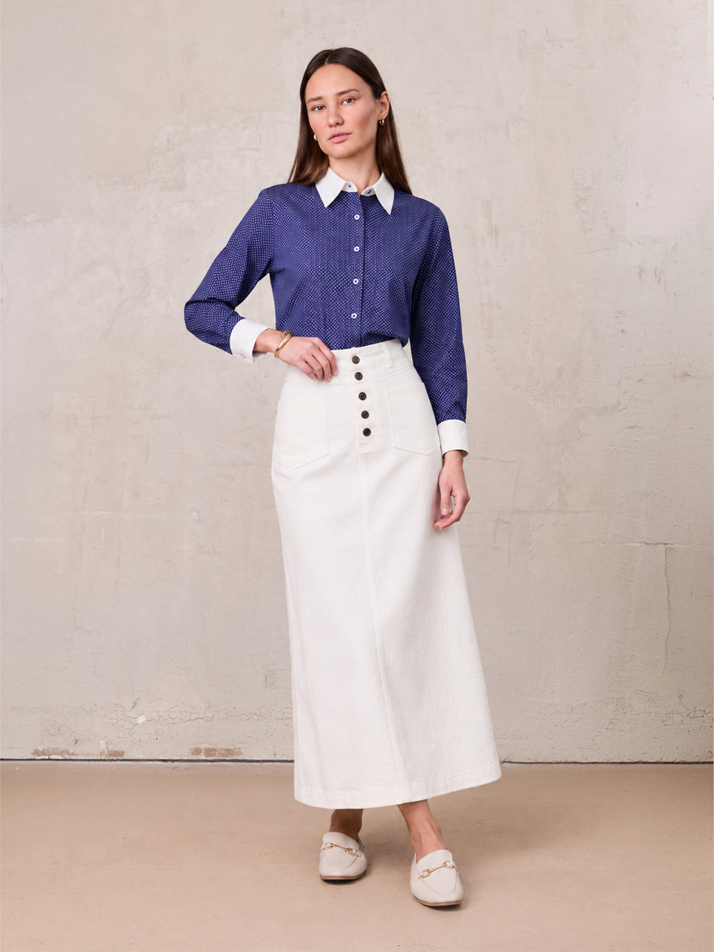 White Collar Mini Dot Shirt-Navy/White