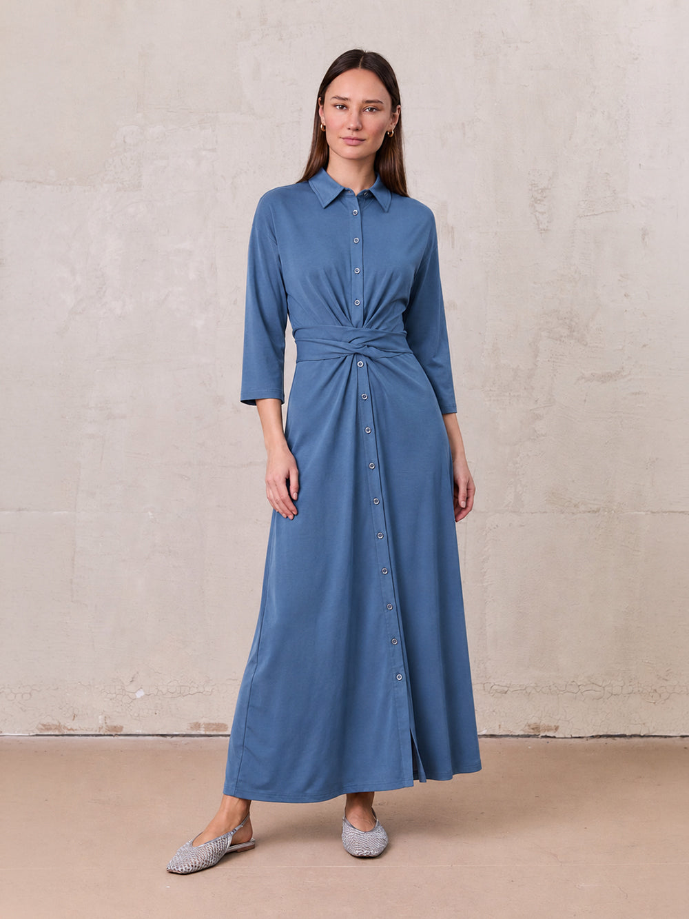 Waist Tie Button Down T-Shirt Dress-Blue Dusk