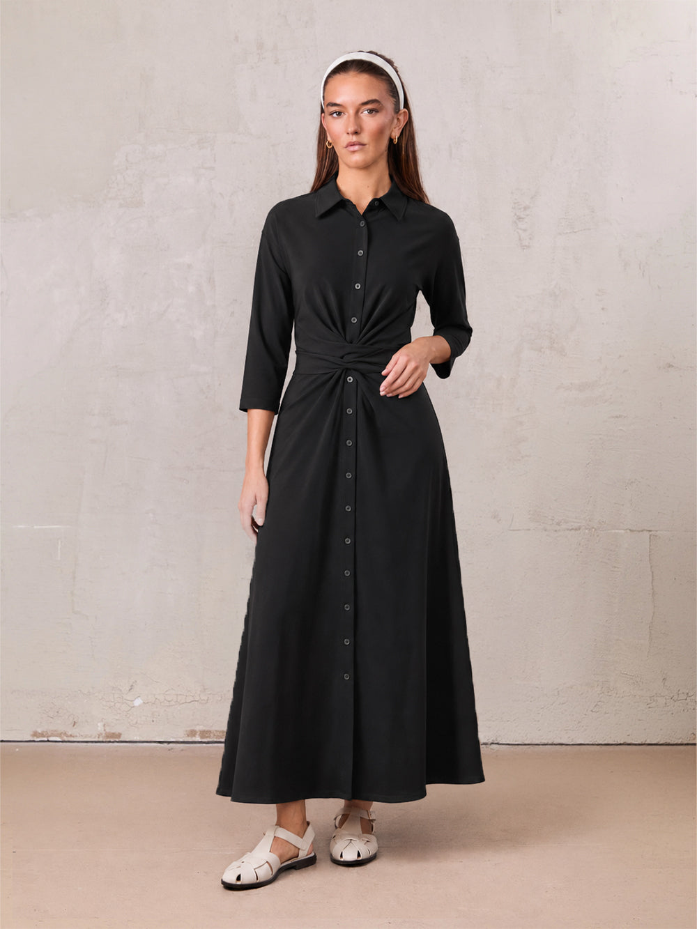 Waist Tie Button Down T-Shirt Dress-Black