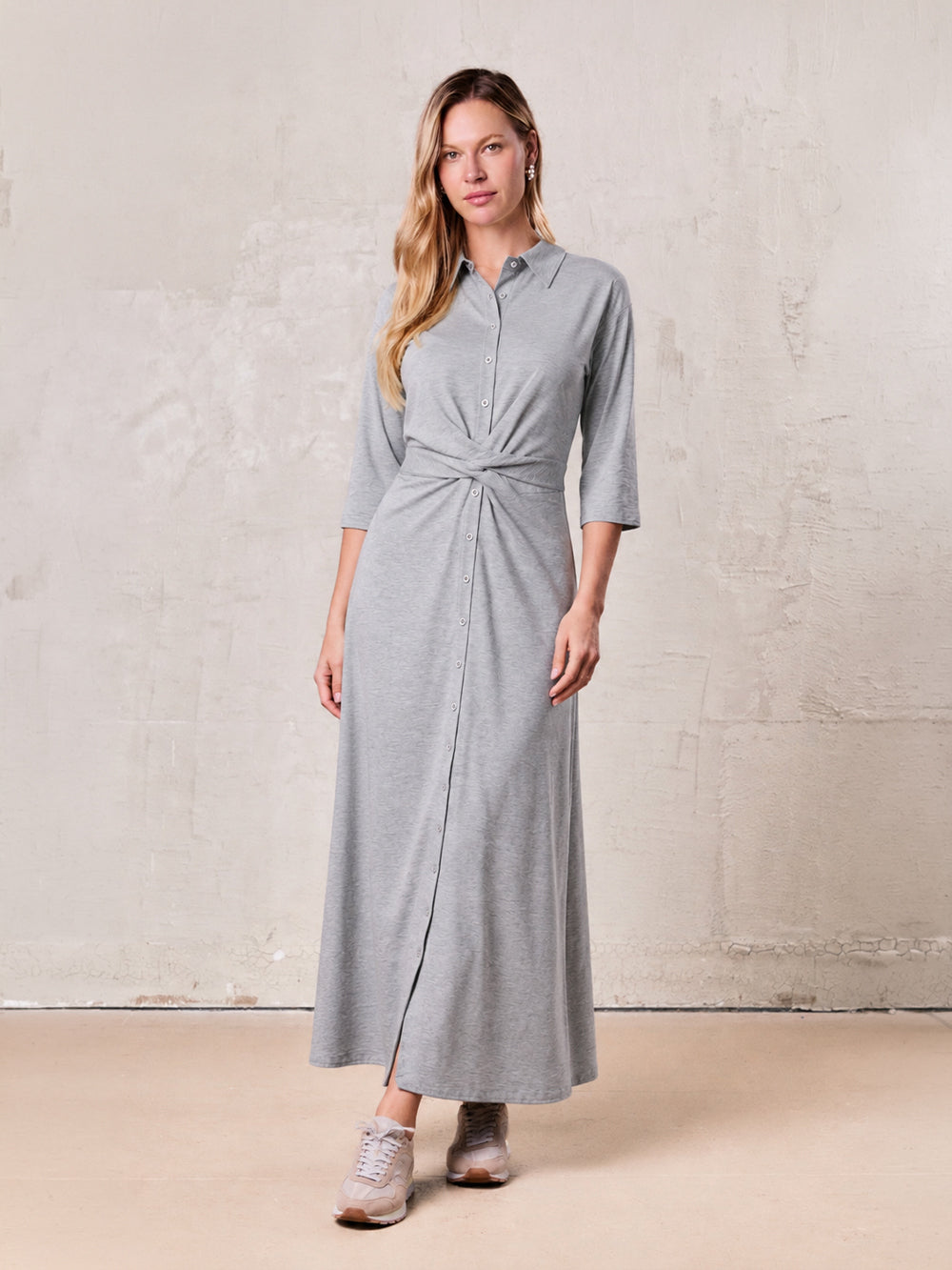 Waist Tie Button Down T-Shirt Dress-Heather Grey