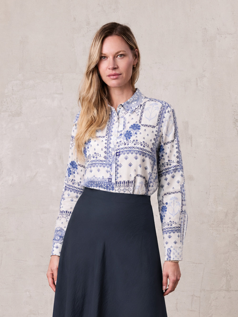 Button Down Collared Blouse-Blue Bandana