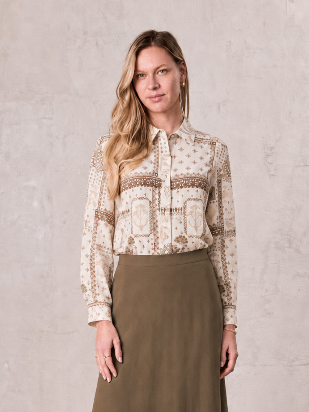 Button Down Collared Blouse-Brown Bandana