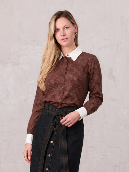 White Collar Mini Dot Shirt-Brown/White