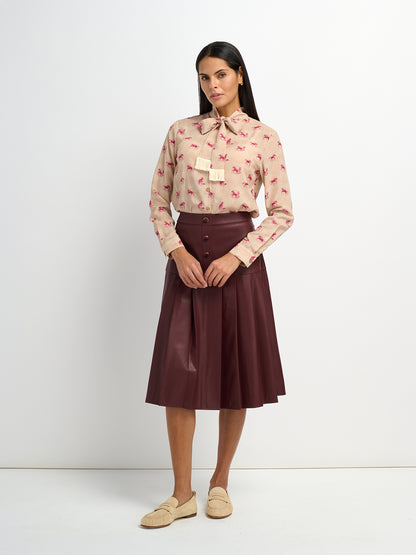 Printed Tassel Bow Blouse - Burgundy Pony
