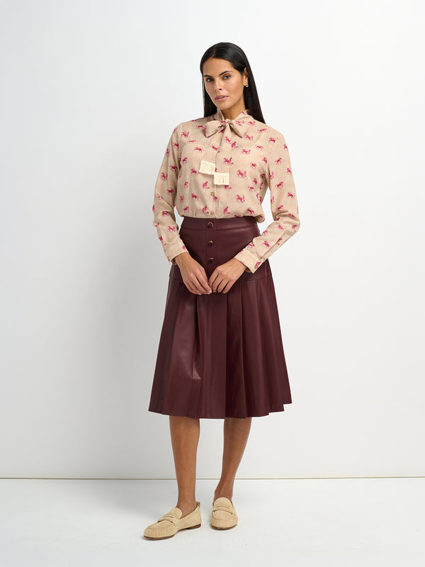 Printed Tassel Bow Blouse - Burgundy Pony