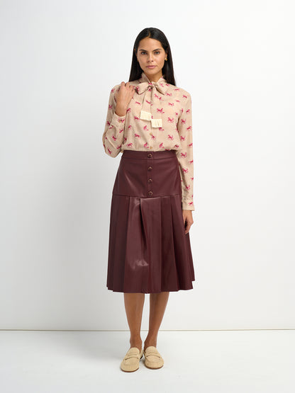 Printed Tassel Bow Blouse - Burgundy Pony