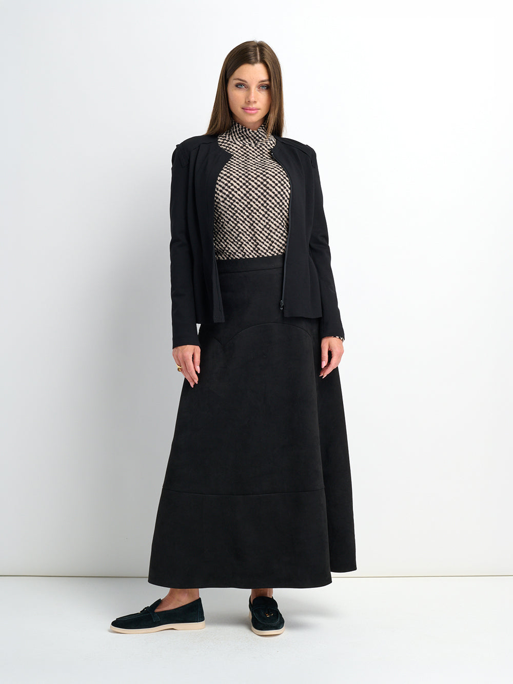 Curved Yoke Faux Suede Skirt - Black