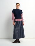 Textured Faux Leather Seam Skirt - Navy
