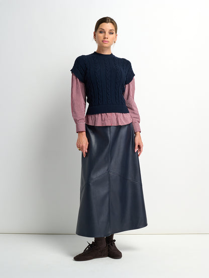 Textured Faux Leather Seam Skirt - Navy