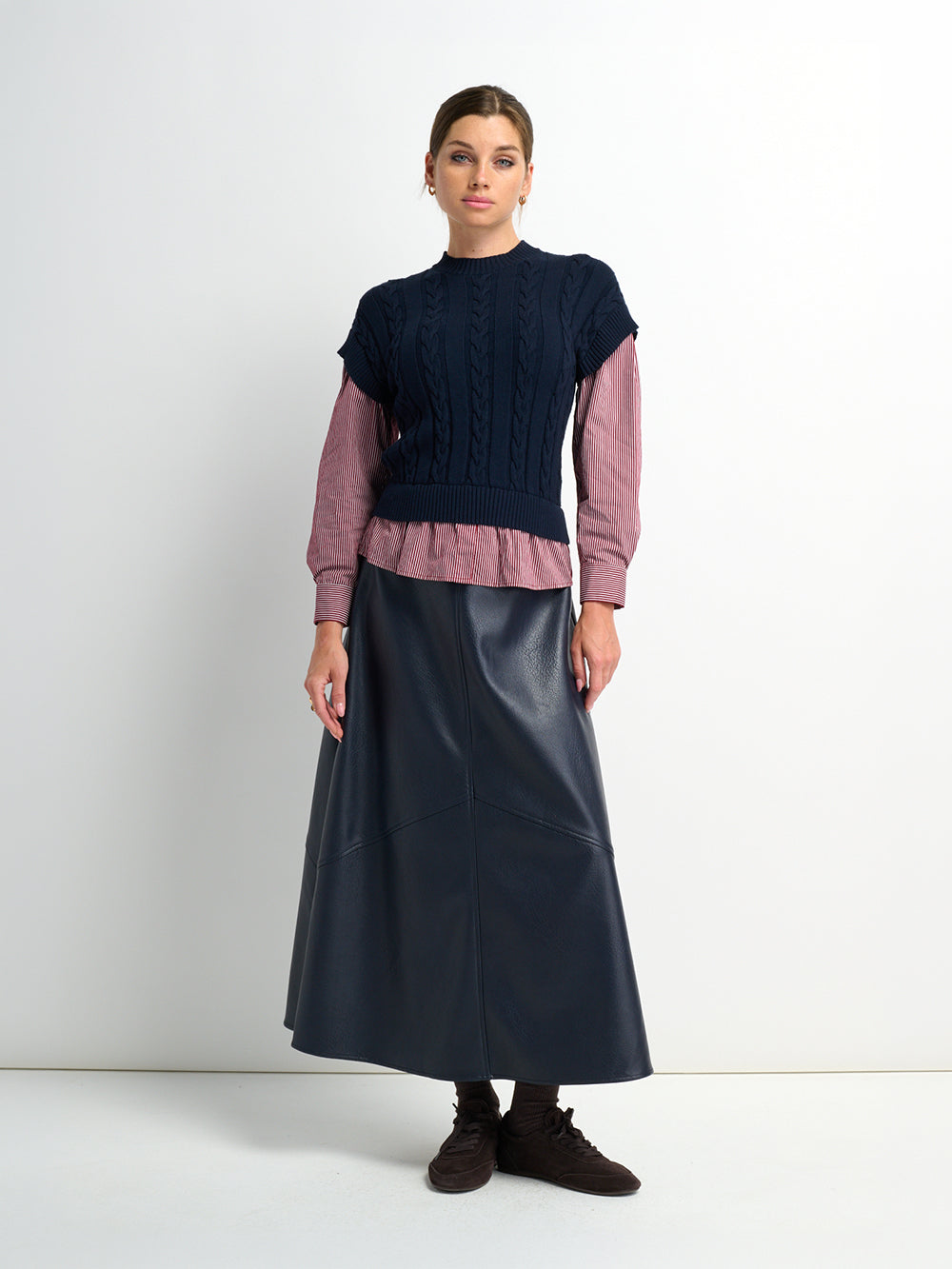 Textured Faux Leather Seam Skirt - Navy