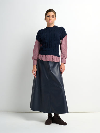 Textured Faux Leather Seam Skirt - Navy