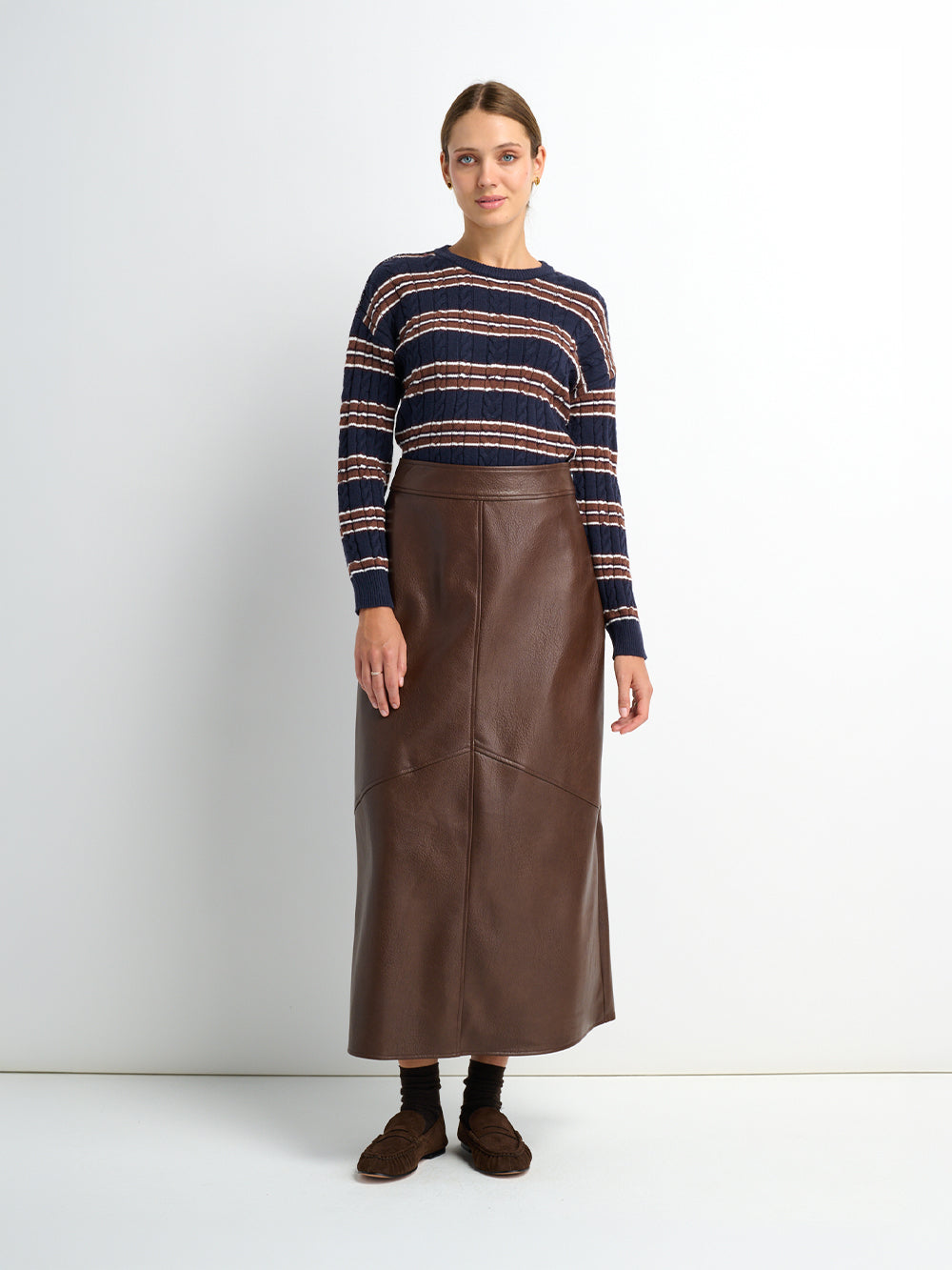 Textured Faux Leather Seam Skirt - Brown