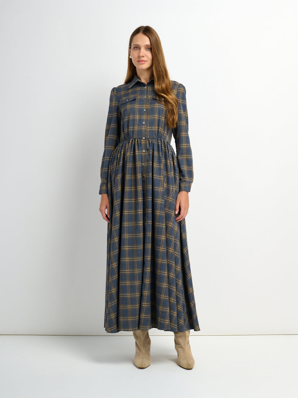 Full Maxi Plaid Shirt Dress - Grey/Yellow