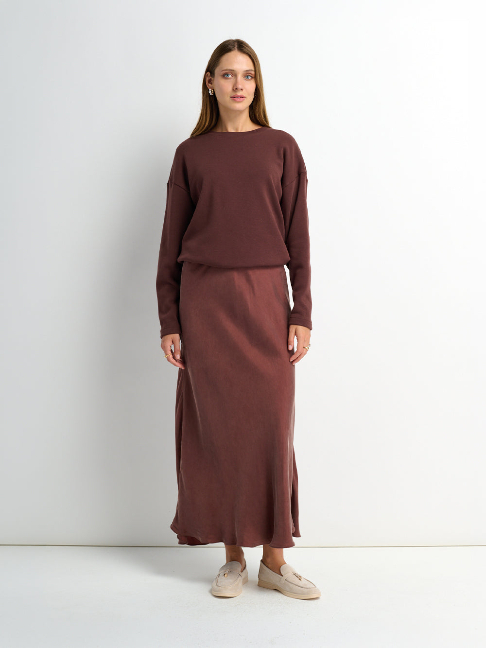 Cupro Bottom Sweatshirt Dress-Brown