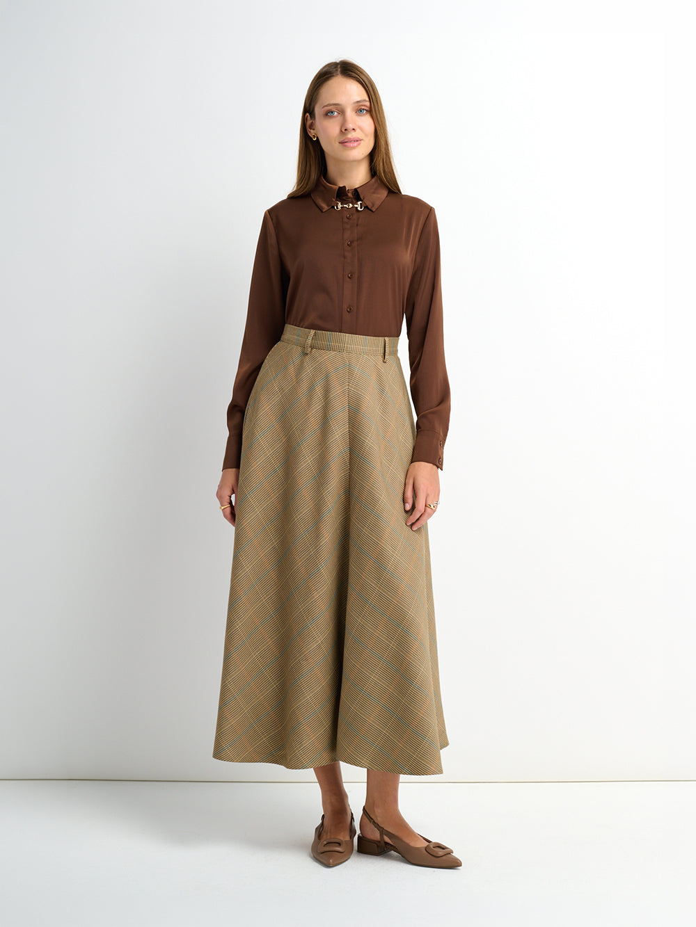Full Circle Waisted Skirt - Brown Herringbone Plaid