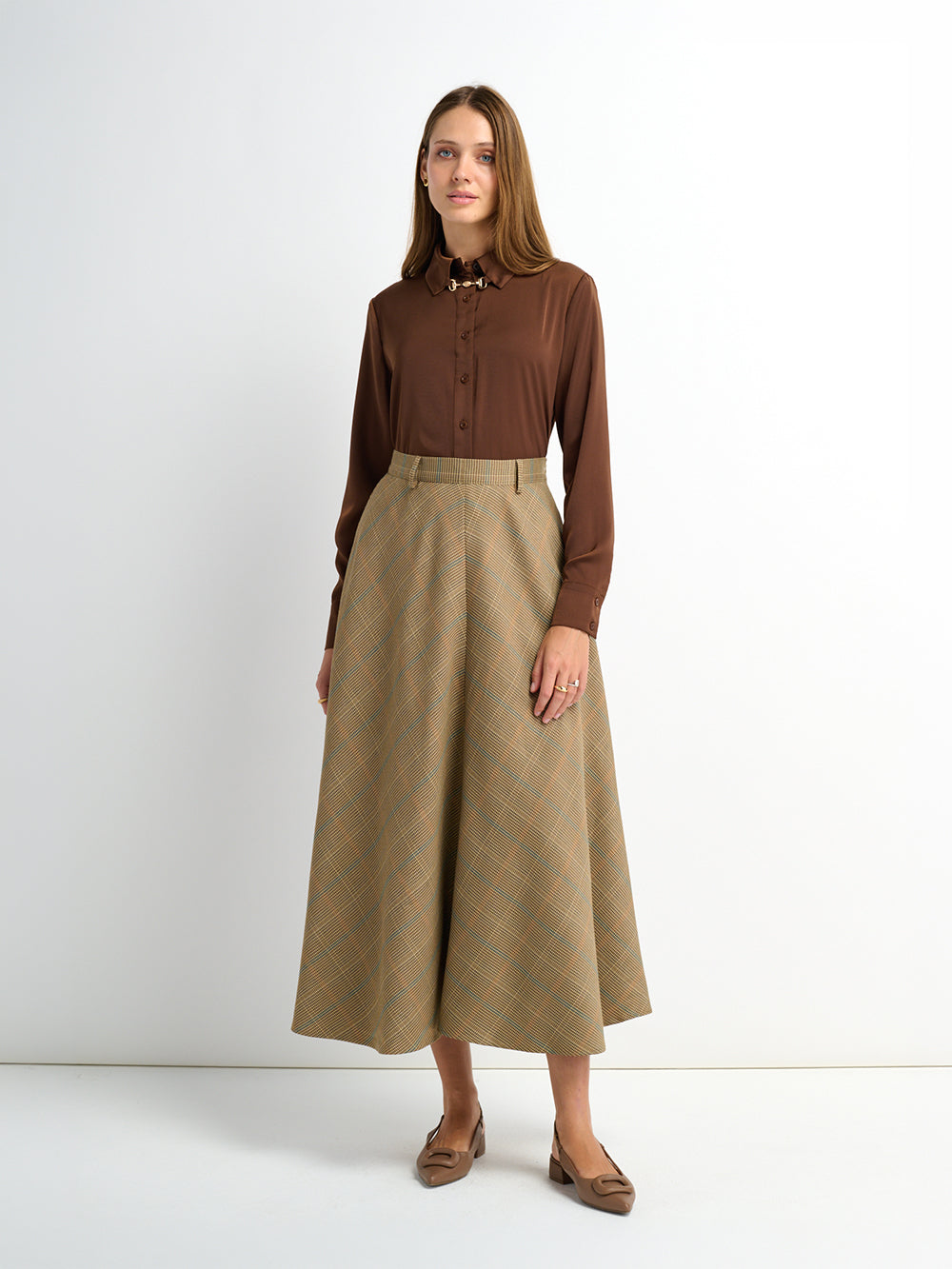 Full Circle Waisted Skirt - Brown Herringbone Plaid