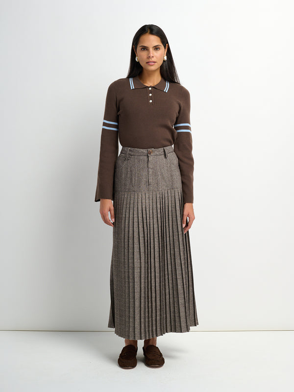 Pleat Bottom Yoke Skirt - Brown/Tan