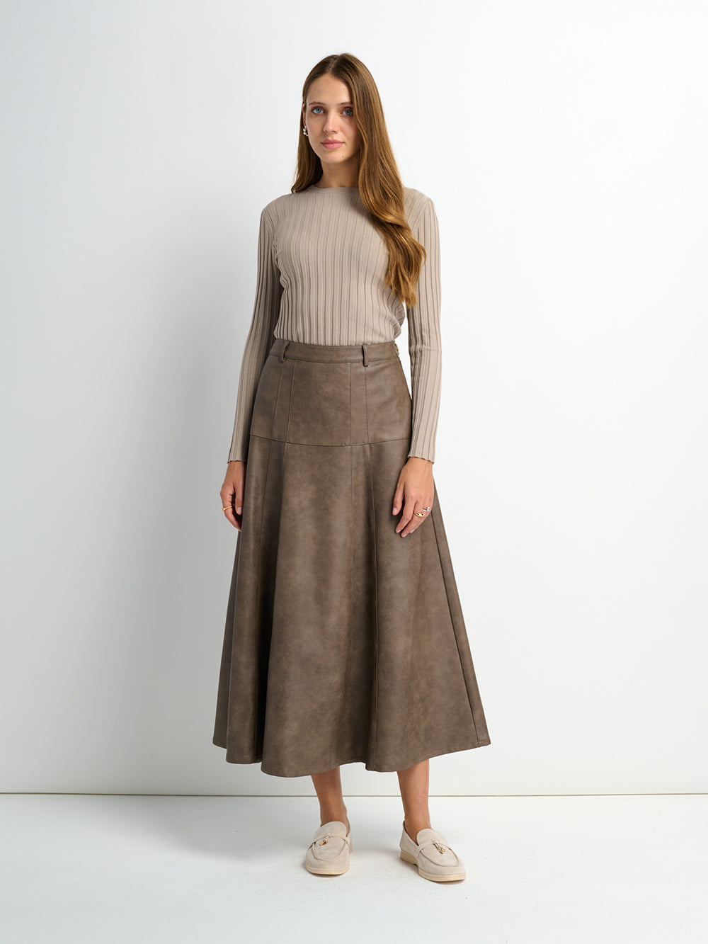 Smoked Faux Leather Skirt - Taupe