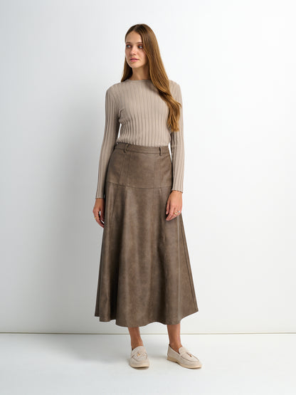 Smoked Faux Leather Skirt - Taupe