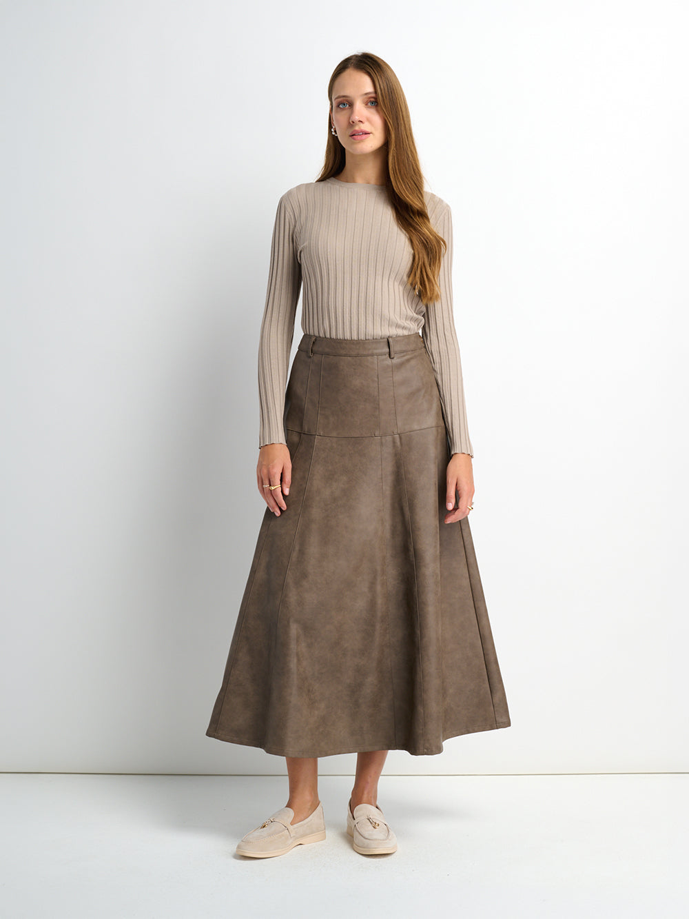Smoked Faux Leather Skirt - Taupe
