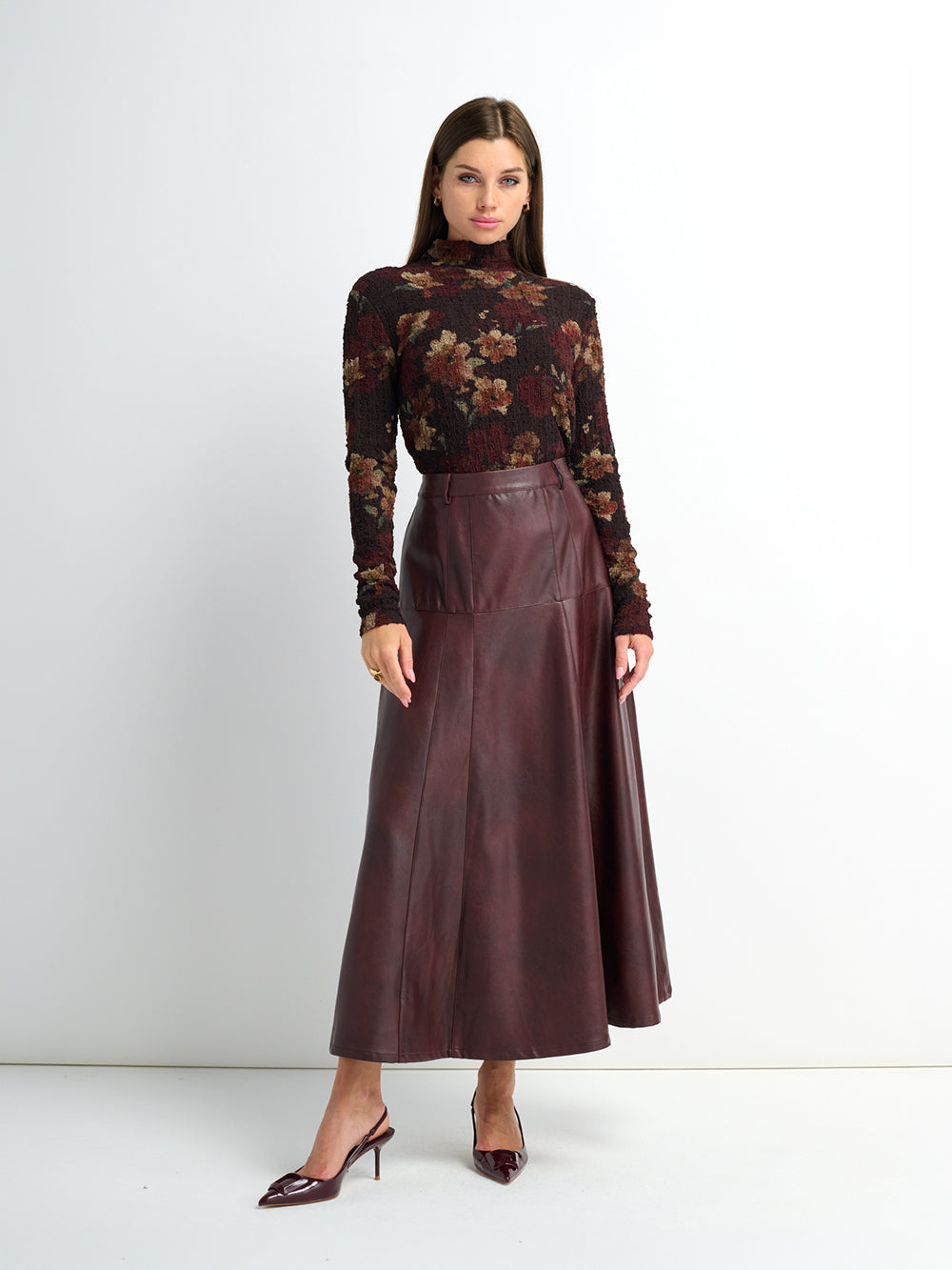 Smoked Faux Leather Skirt - Burgundy