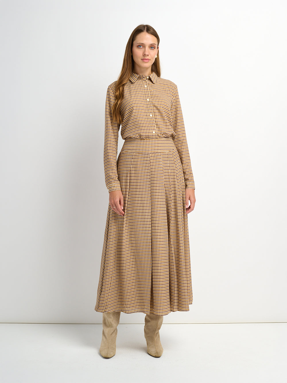 Plaid Stitch Down Pleat Skirt - Brown
