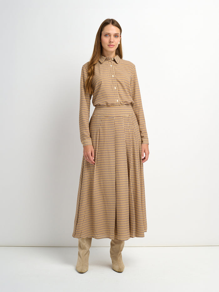 Plaid Stitch Down Pleat Skirt - Brown
