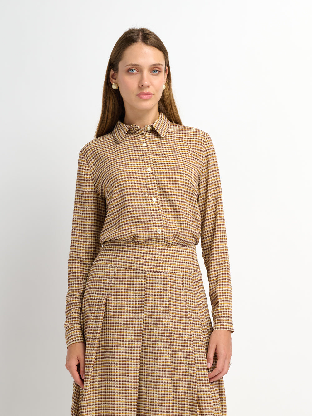 Plaid Button Down Blouse - Brown