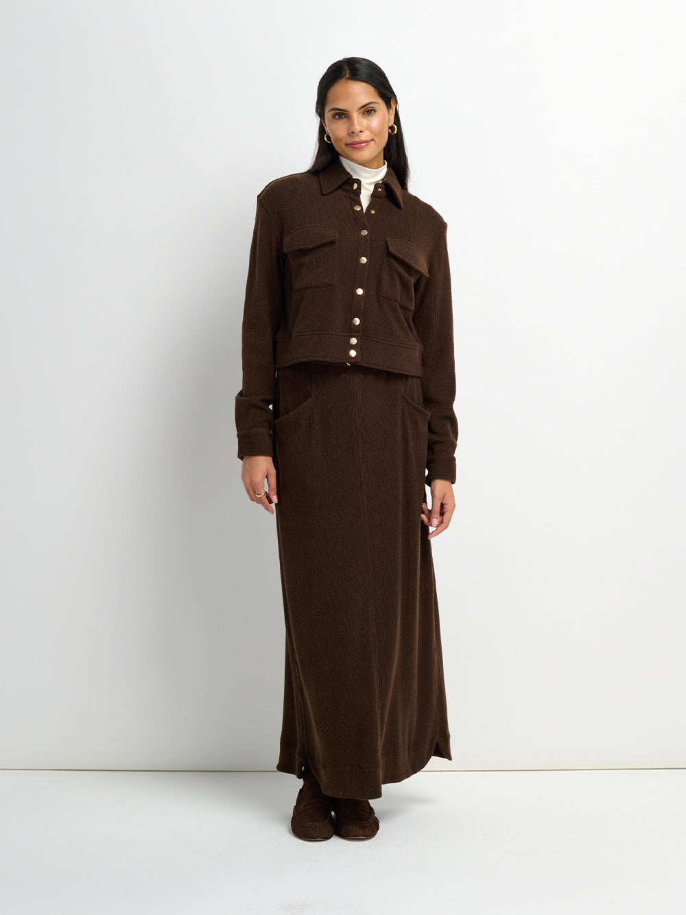 Soft Ribbed Drawstring Maxi Skirt - Dark Brown