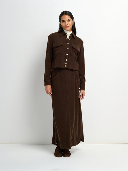 Soft Ribbed Drawstring Maxi Skirt - Dark Brown