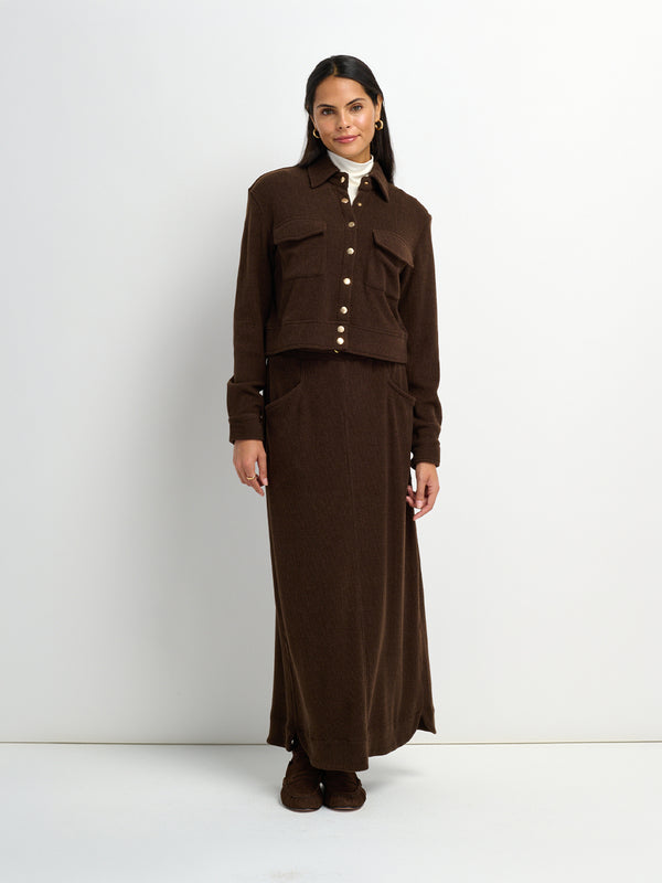 Soft Ribbed Drawstring Maxi Skirt - Dark Brown