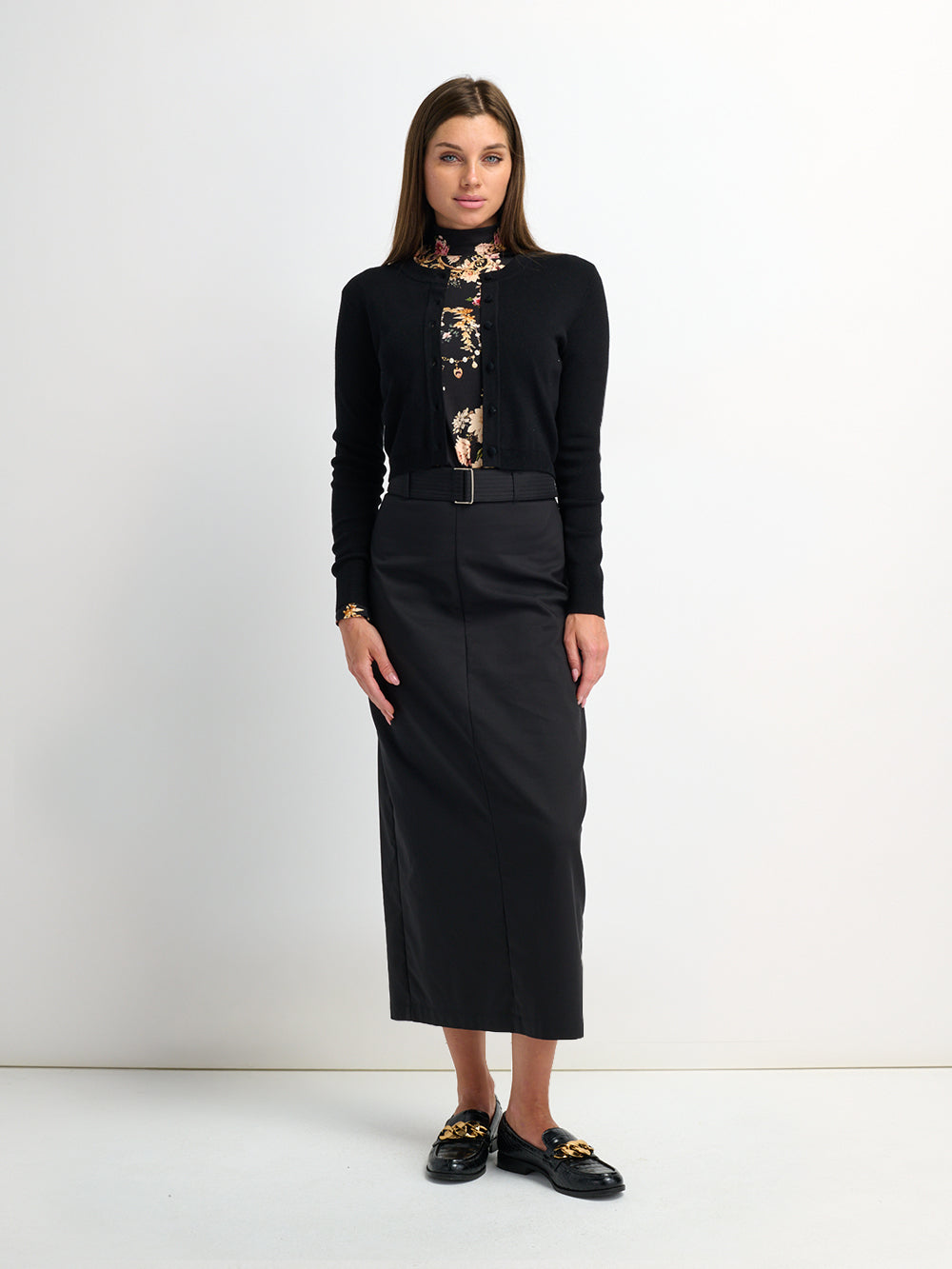 Belted Straight Maxi Skirt - Black