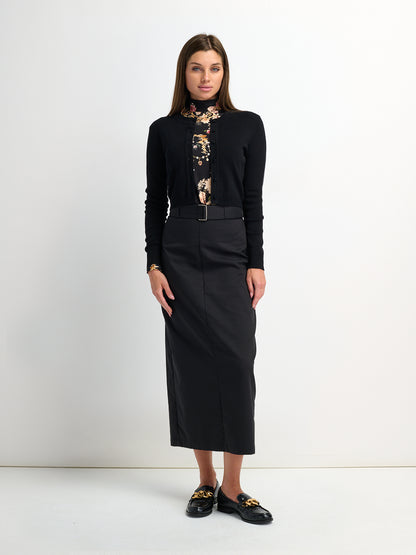Belted Straight Maxi Skirt - Black