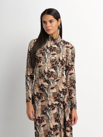 Printed Modal Turtleneck - Brown Plaid