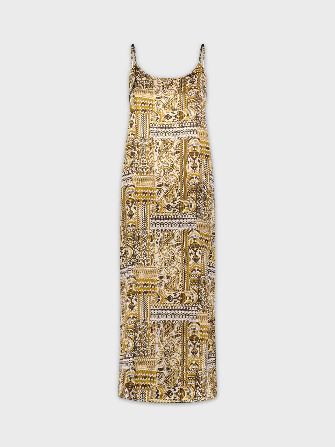 Printed Crew Neck Slip Dress-Gold Aztec