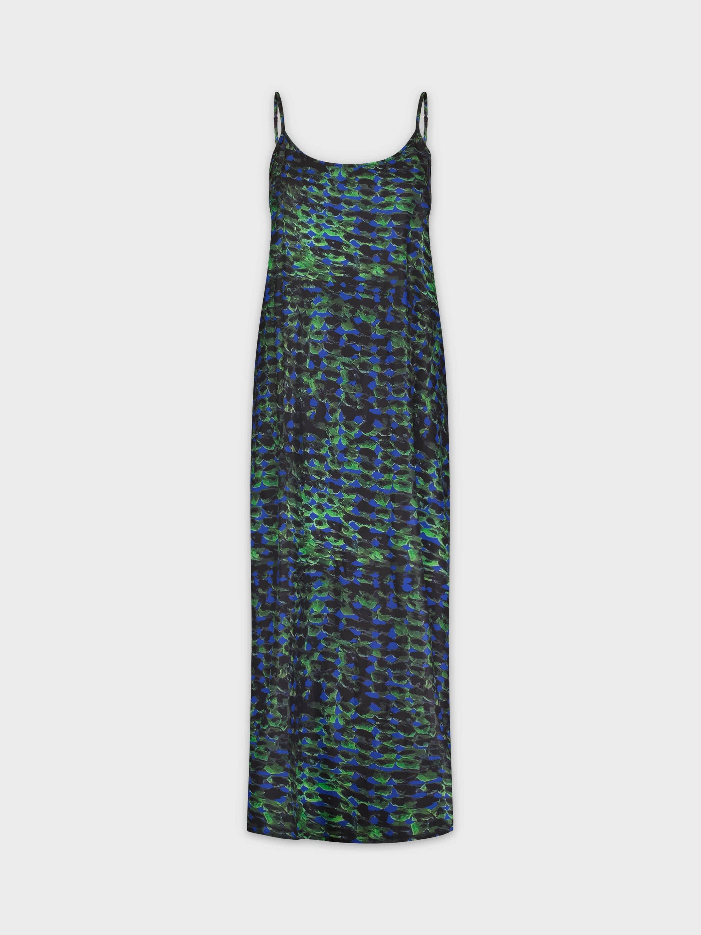 Printed Crew Neck Slip Dress-Green Forest