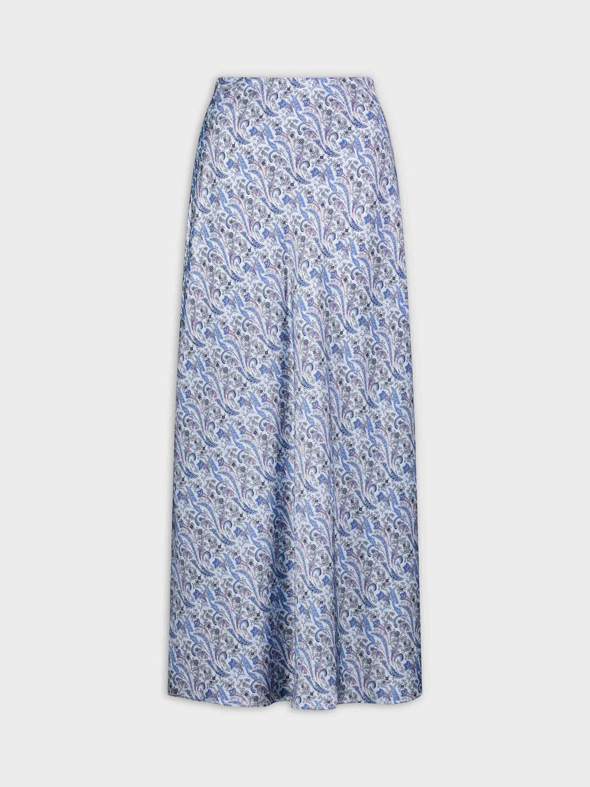 Printed Satin Slip Skirt-Light Blue Paisley