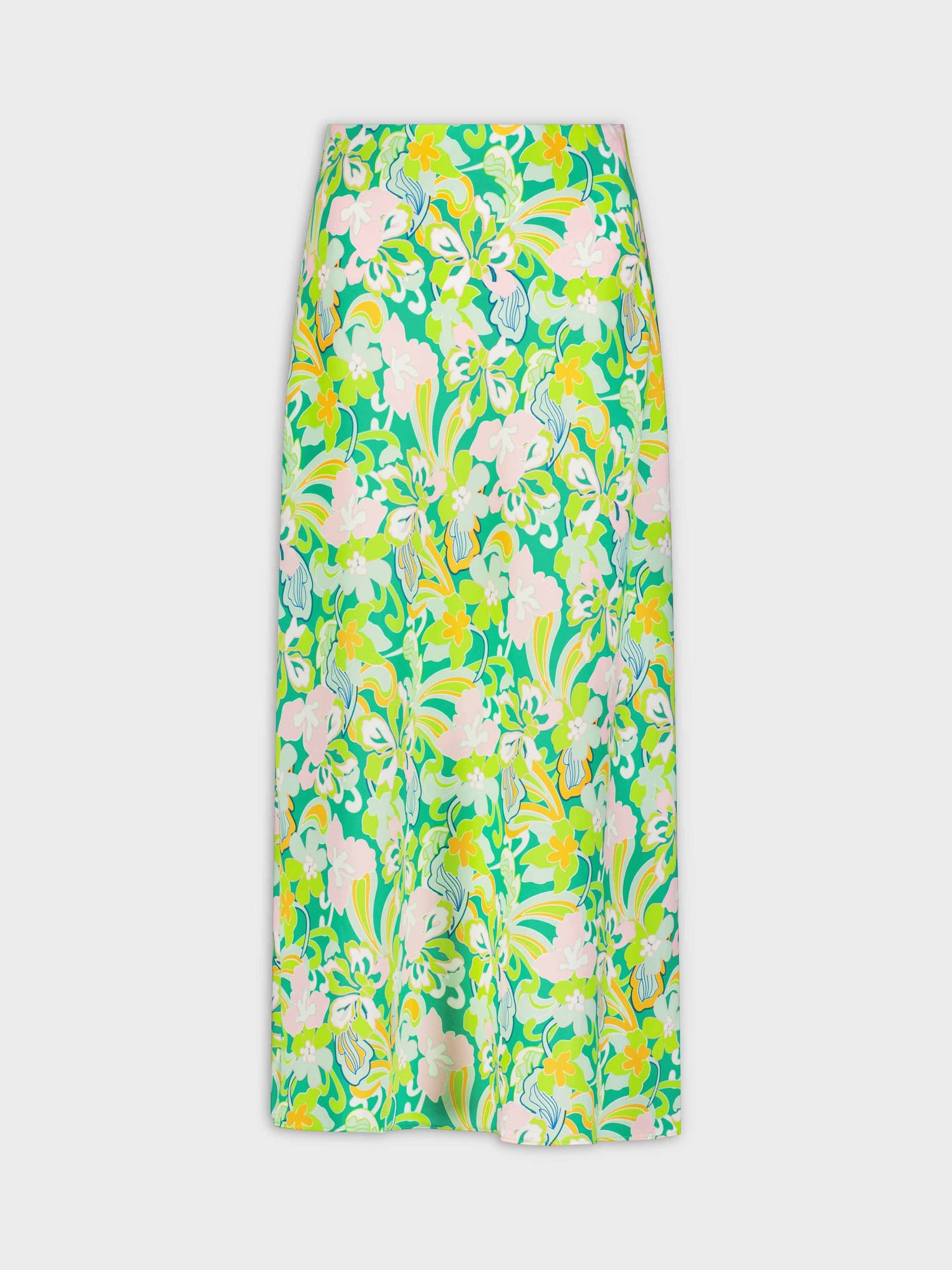 Printed Satin Slip Skirt-Green Retro