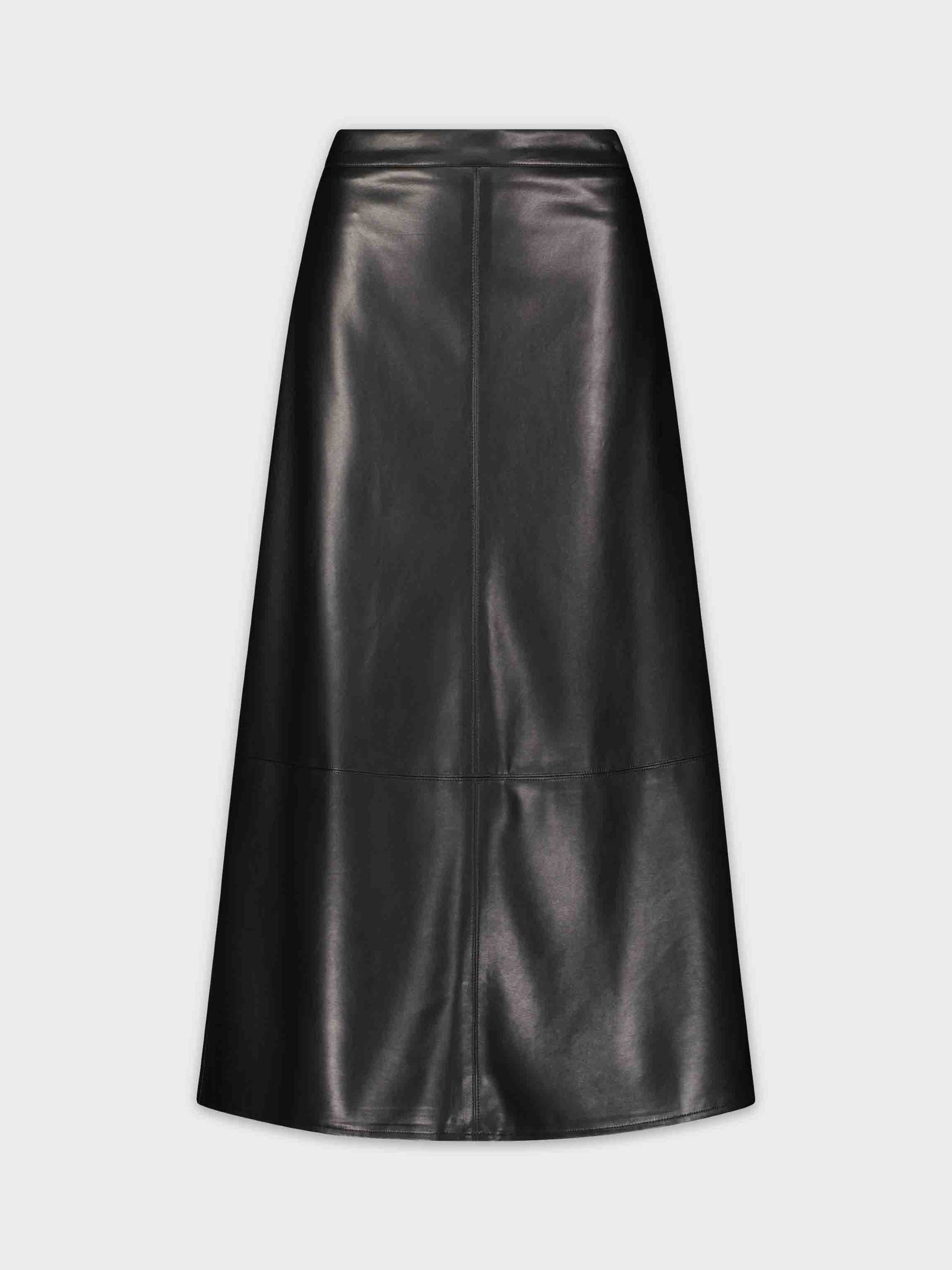 Midi Seamed Leather Skirt-Black