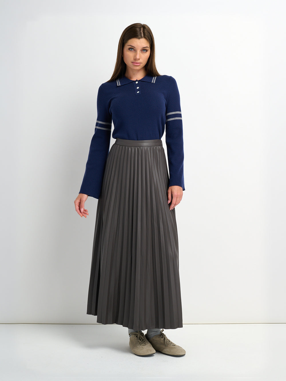 Accordion Pleated Faux Leather Skirt-Grey