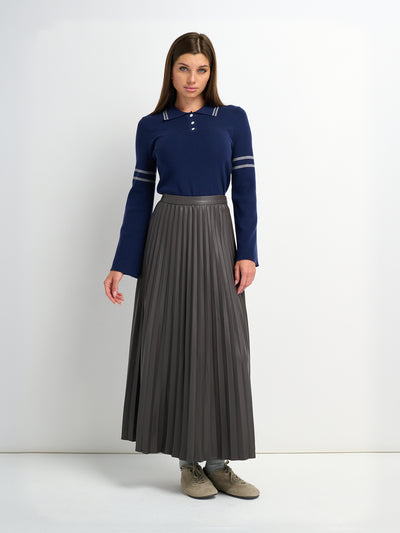 Accordion Pleated Faux Leather Skirt-Grey